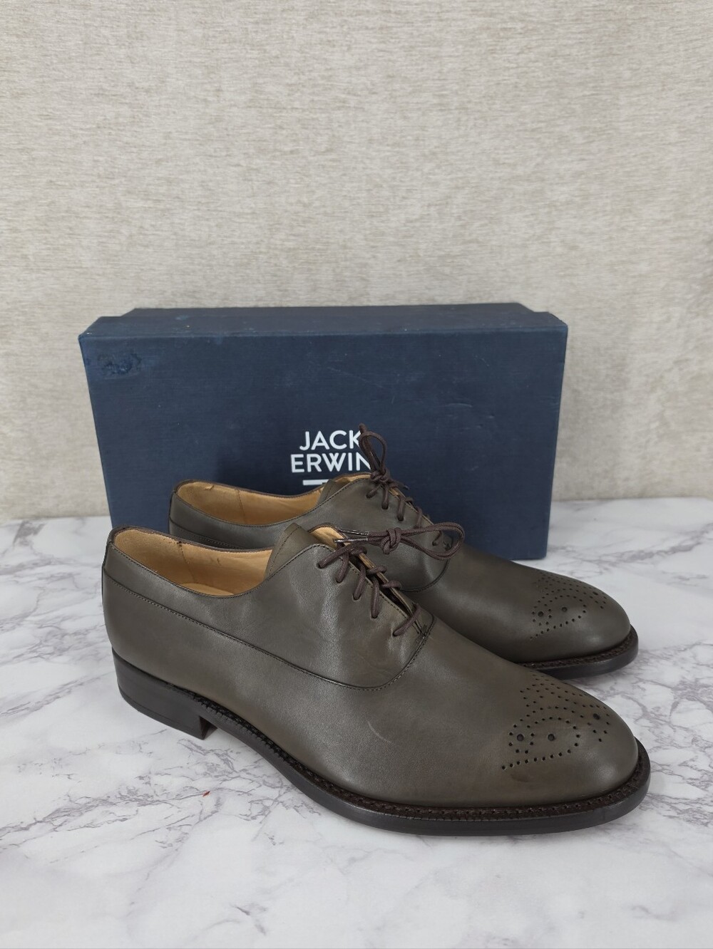 Jack Erwin Jasper Olive Green Leather Brogue Medallion Toe Oxford Shoes LIKE NEW